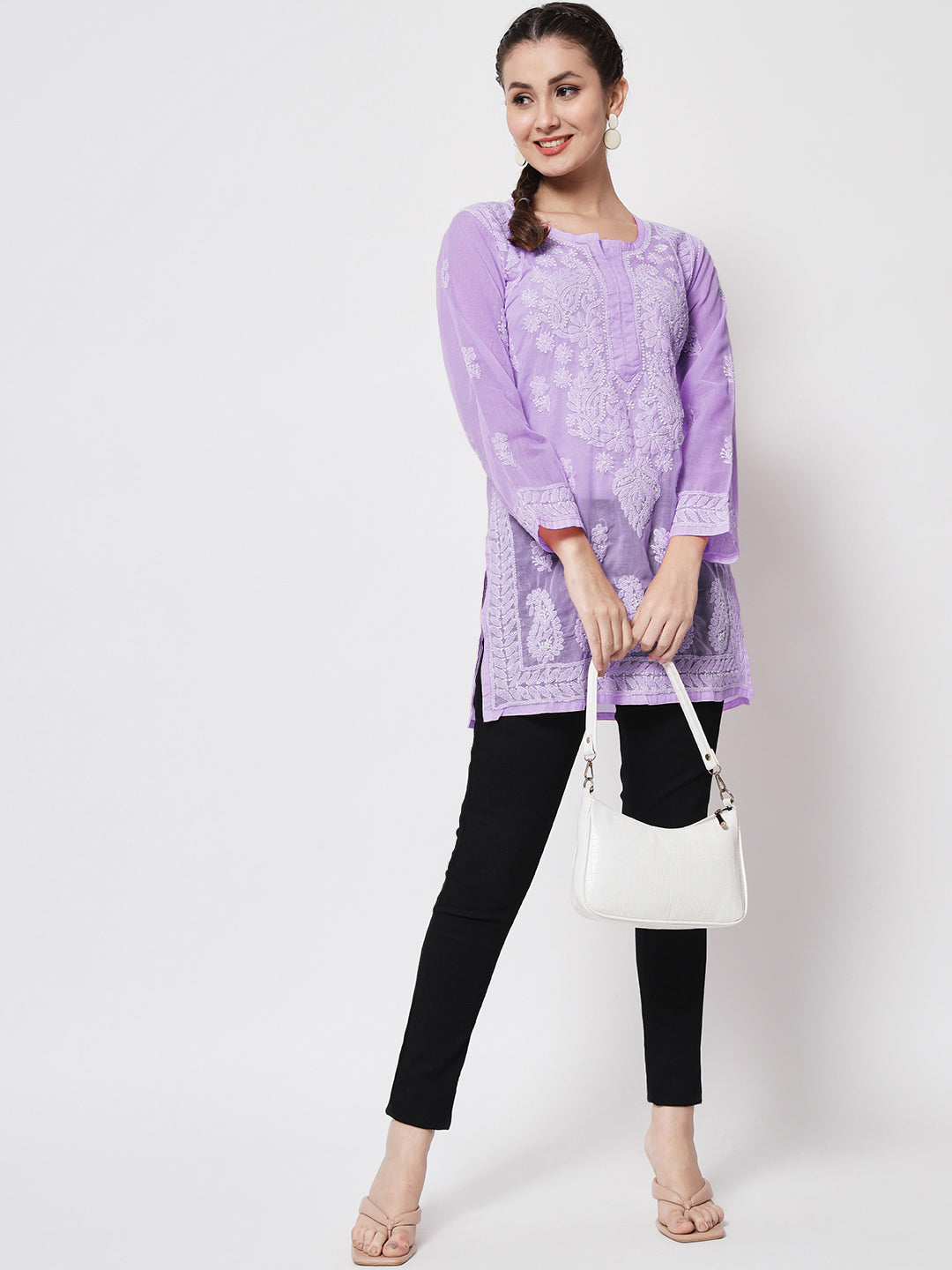 Hand Embroidered Chikankari Cotton Straight Kurti-AL3595 Purple