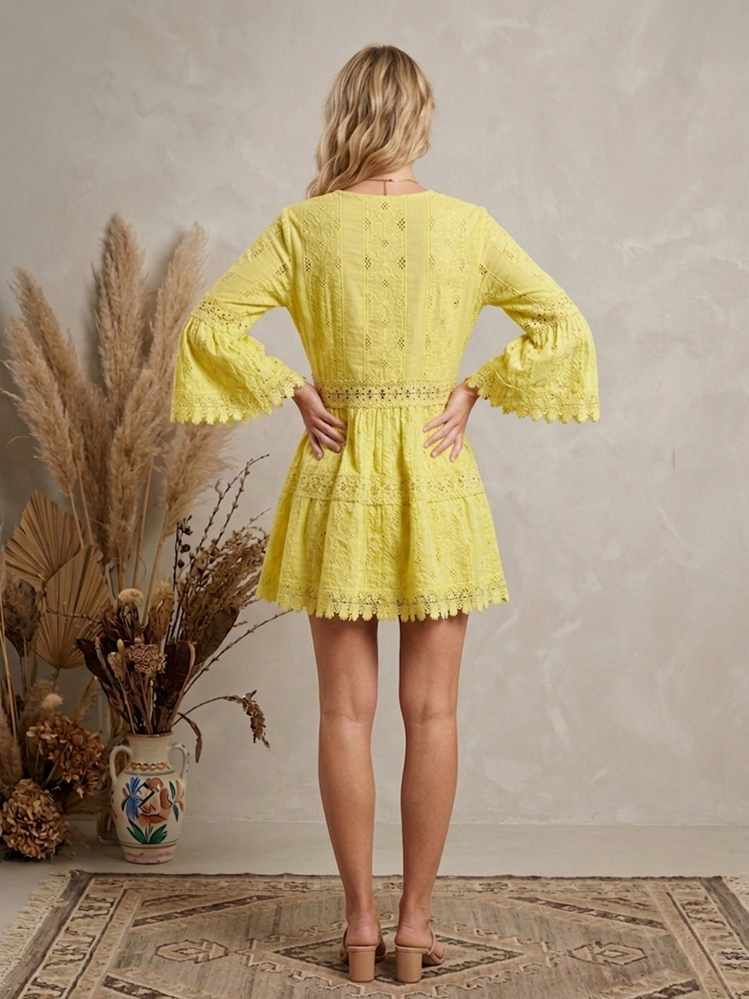 Women Embroidered  Scalloped Lace Trim Cotton Midi Dress -AL3703 Yellow