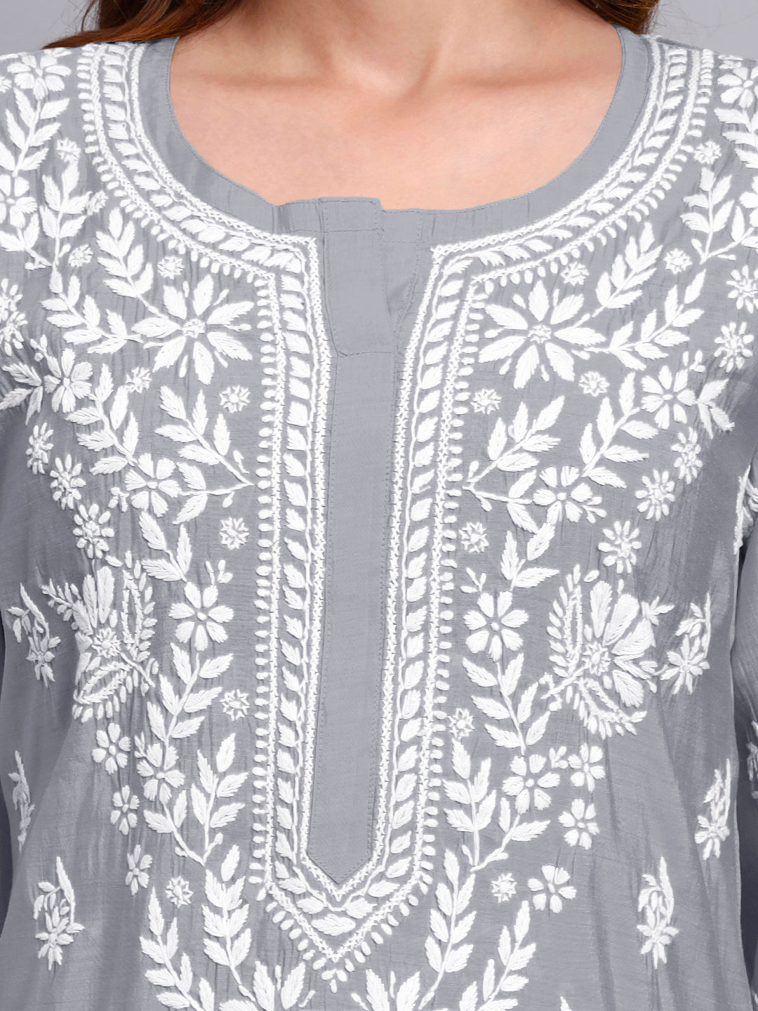 Women Hand Embroidered Chikankari Chanderi Kurta Set-AL4089KS Grey