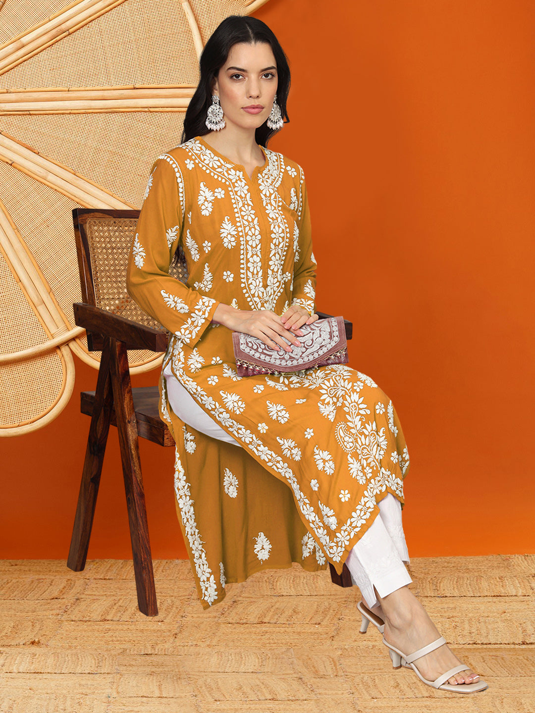 Women Chikankari Hand Embroidered Modal Kurta -AL4042 Mustard
