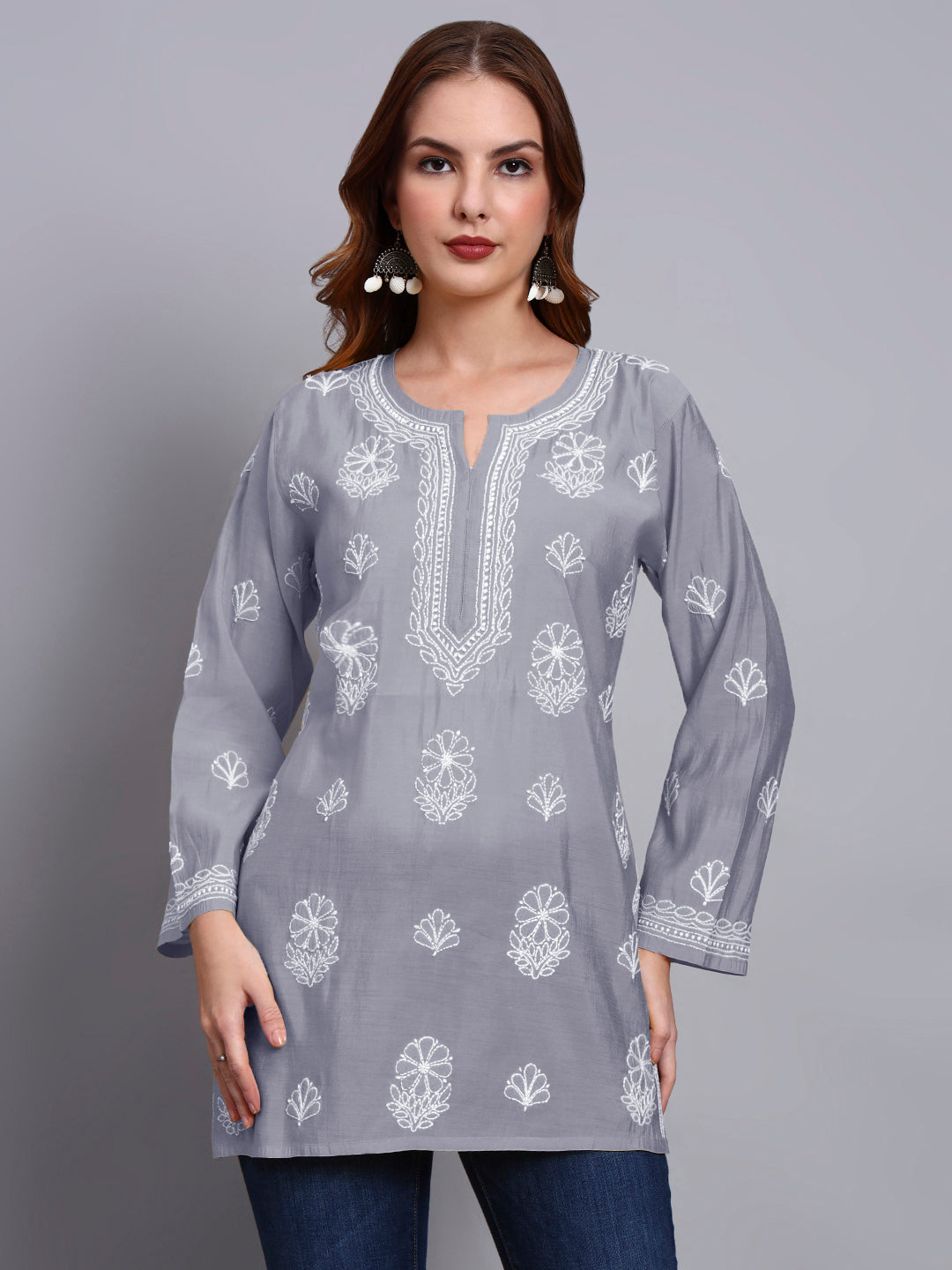 Women Hand Embroidered Chikankari Chanderi Short Kurti-AL4090 Grey