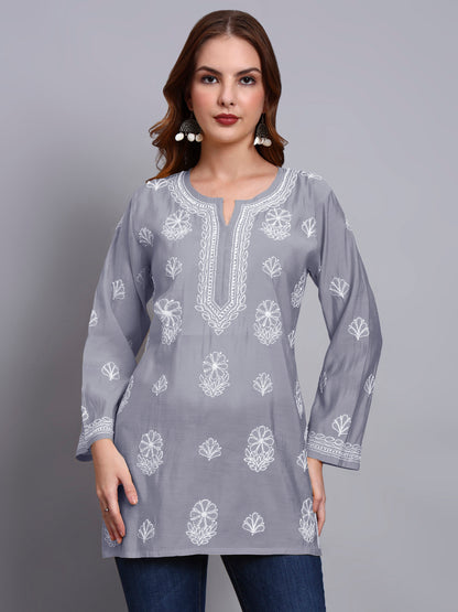 Women Hand Embroidered Chikankari Chanderi Short Kurti-AL4090 Grey