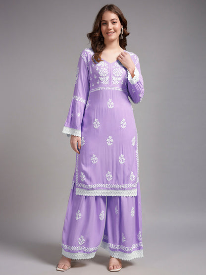 Women Hand Embroidered Lucknowi Chikankari Rayon Kurta Set-AL4077KS Lavender