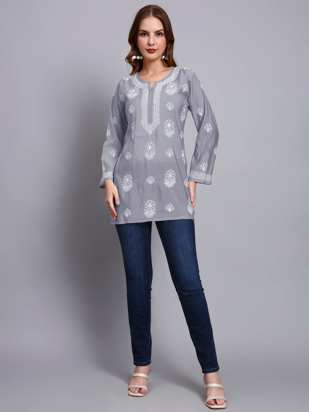 Women Hand Embroidered Chikankari Chanderi Short Kurti-AL4090 Grey