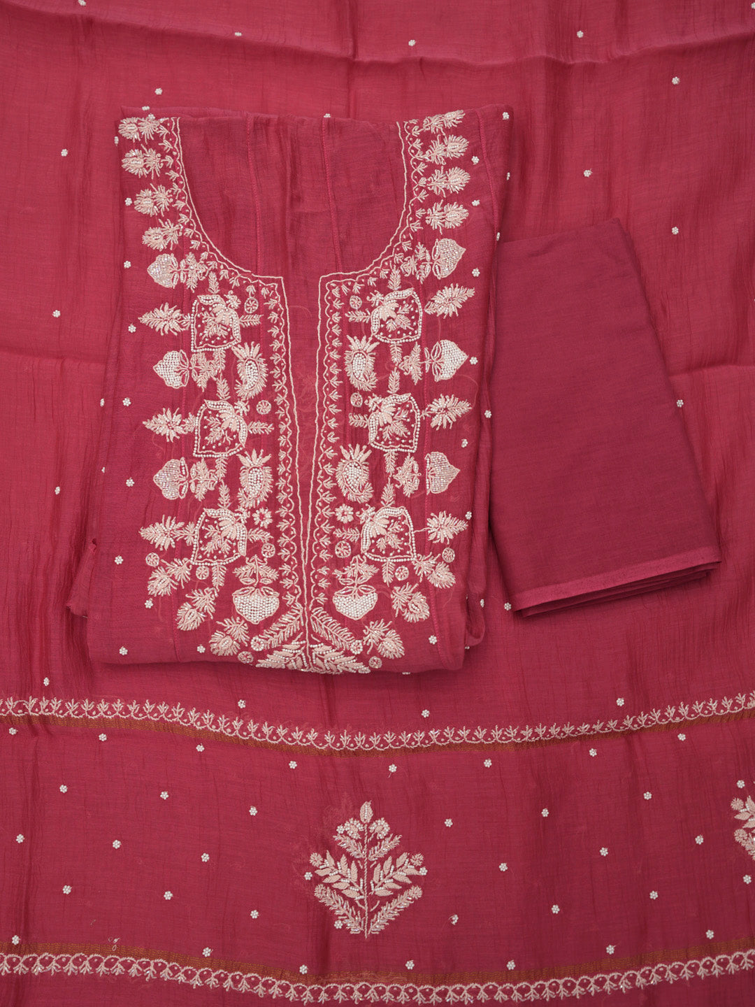 Women Hand Embroidered Premium Chikankari Mul Chanderi Unstitched Kurta Dupatta Bottom Set-ALSCA85201FS Magenta