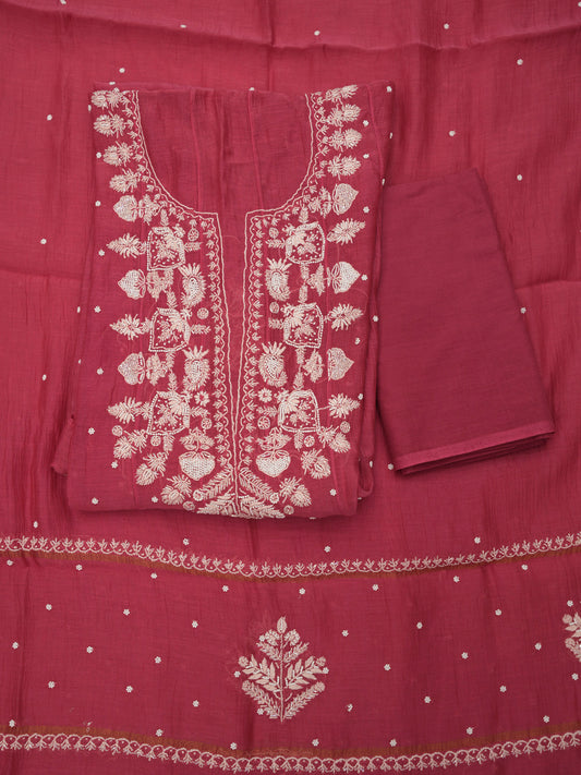 Women Hand Embroidered Premium Chikankari Mul Chanderi Unstitched Kurta Dupatta Bottom Set-ALSCA85201FS Magenta