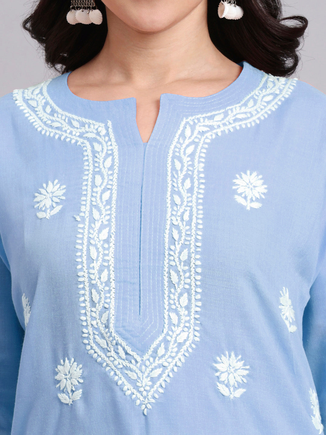 Women Hand Embroidered Chikankari Cotton Kurta-AL3999 Denim
