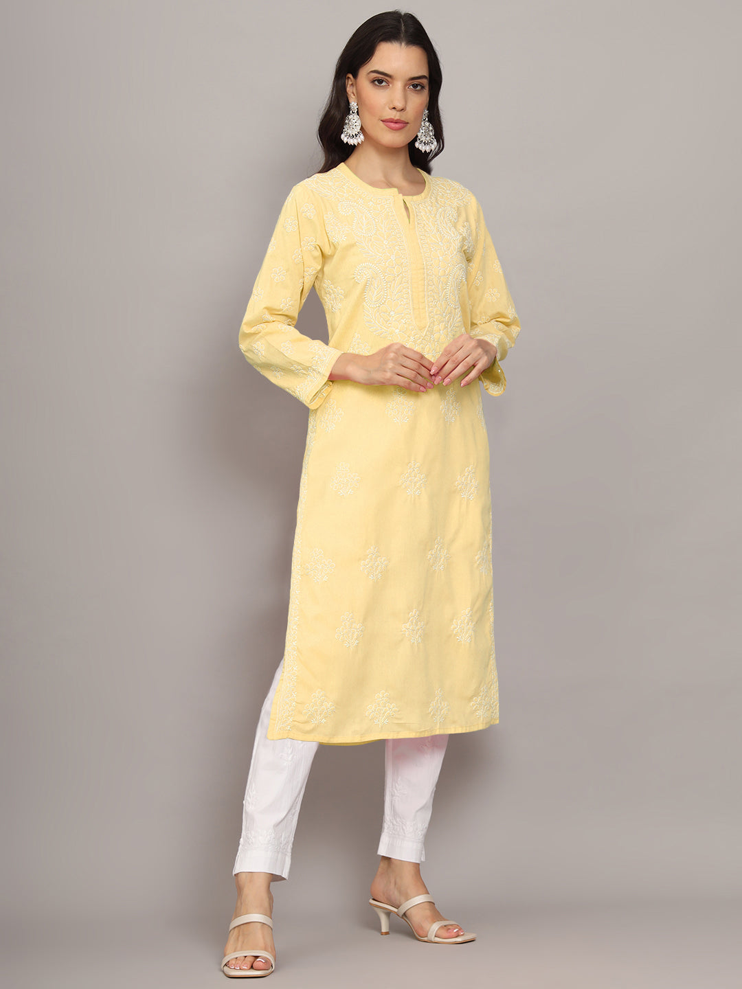 Women Hand Embroidered Chikankari Cotton Kurta-AL4043 Yellow