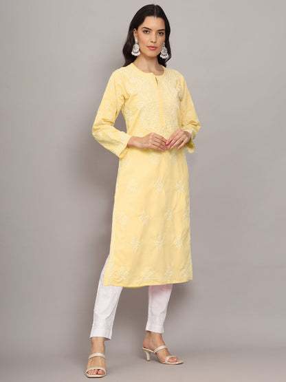 Women Hand Embroidered Chikankari Cotton Kurta-AL4043 Yellow