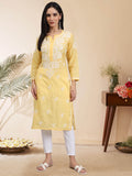 Hand Embroidered Chikankari Cotton Straight Kurta-AL3997 Yellow