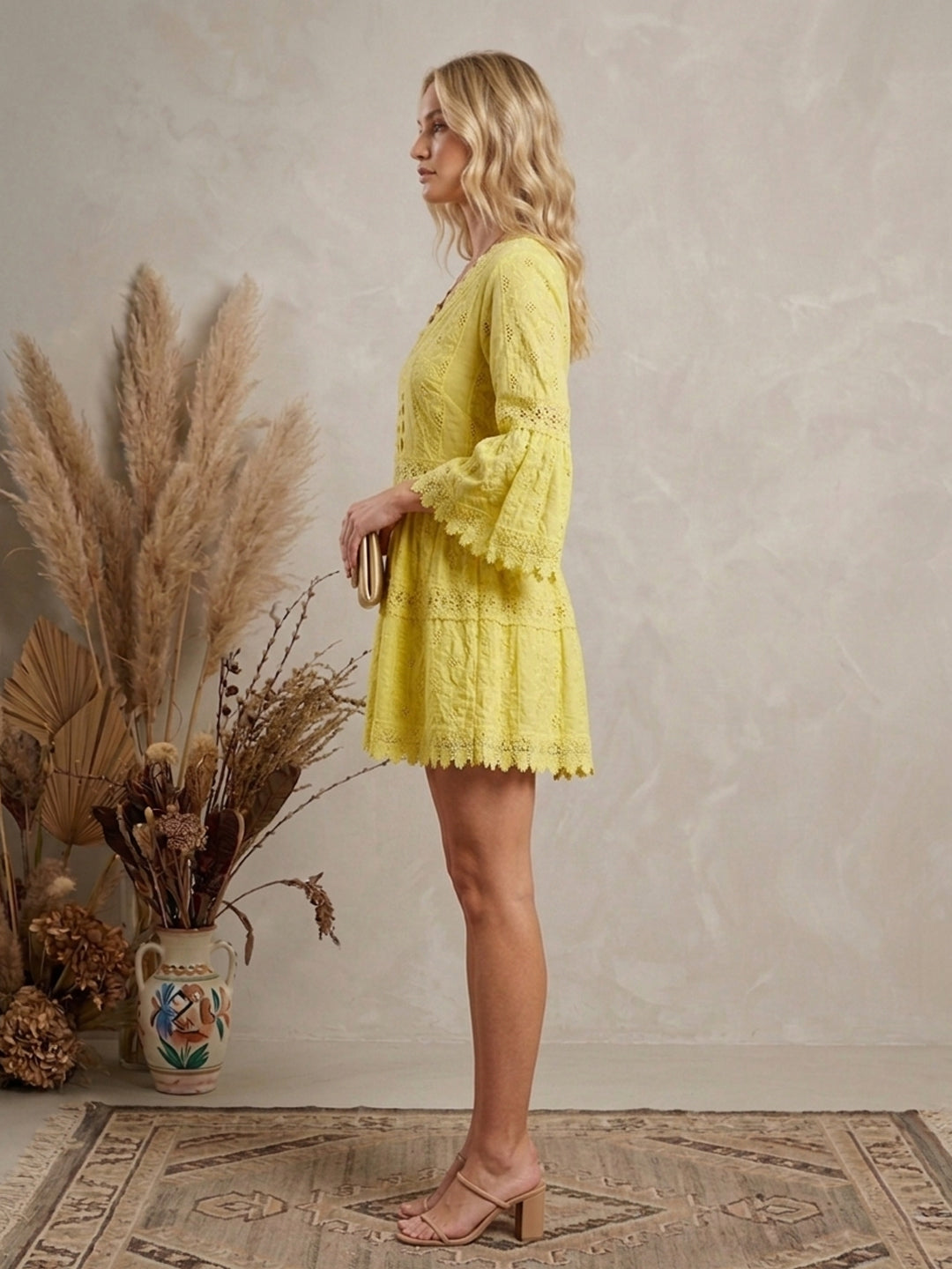 Women Embroidered  Scalloped Lace Trim Cotton Midi Dress -AL3703 Yellow