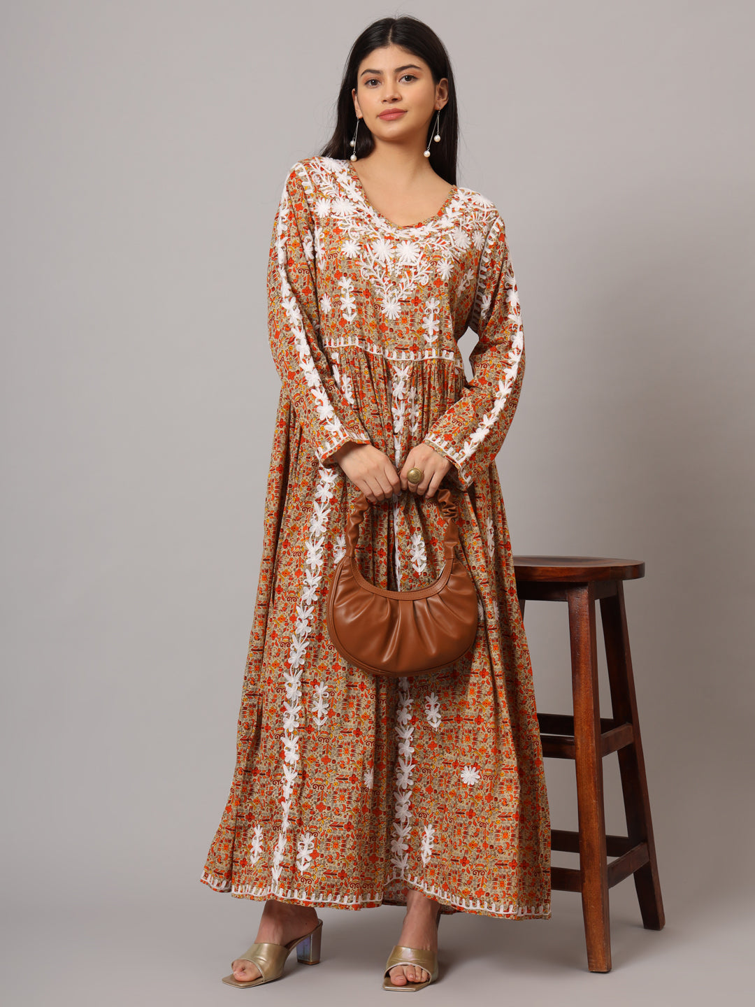 Hand Embroidered Lucknowi Chikankari  Printed Mulmul Cotton Jalabiya-AL3936