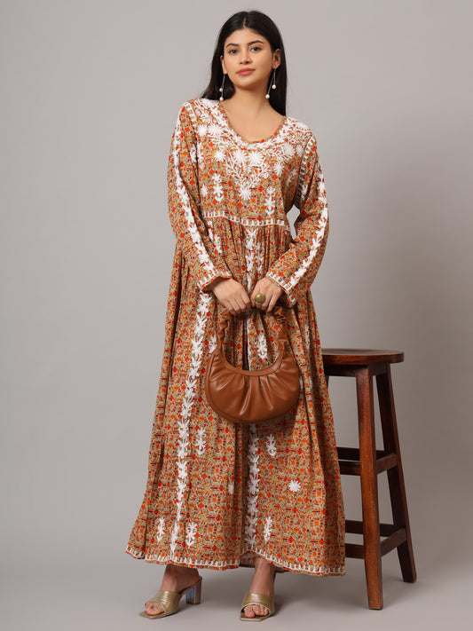 Hand Embroidered Lucknowi Chikankari  Printed Mulmul Cotton Jalabiya-AL3936 Orange