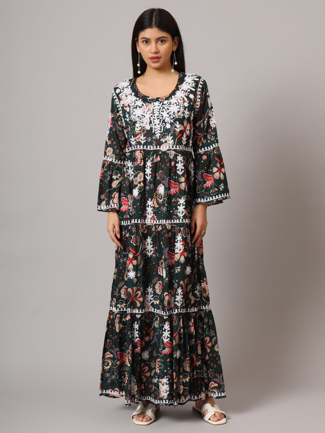 Hand Embroidered Chikankari A-Line Gathering Pattern Mulmul Cotton Jalabiya-AL3673