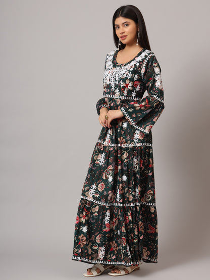 Hand Embroidered Chikankari A-Line Gathering Pattern Mulmul Cotton Jalabiya-AL3673