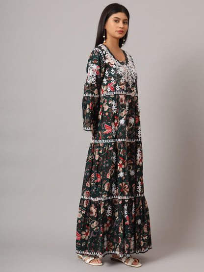 Hand Embroidered Chikankari A-Line Gathering Pattern Mulmul Cotton Jalabiya-AL3673