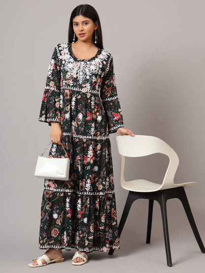 Hand Embroidered Chikankari A-Line Gathering Pattern Mulmul Cotton Jalabiya-AL3673