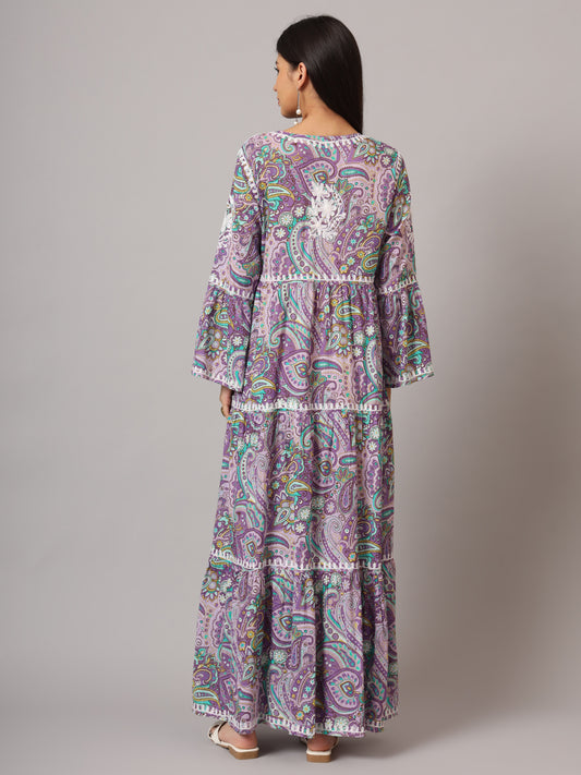 Hand Embroidered Chikankari A-Line Gathering Pattern Mulmul Cotton Jalabiya-AL3673 Lavender & Green