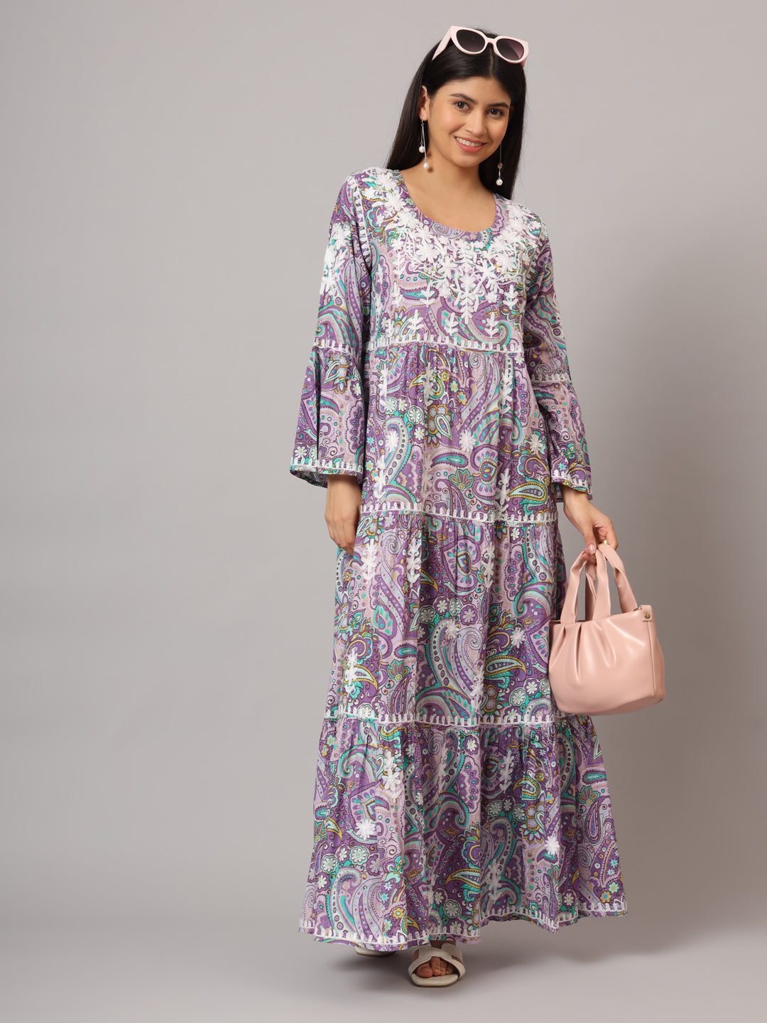 Hand Embroidered Chikankari A-Line Gathering Pattern Mulmul Cotton Jalabiya-AL3673