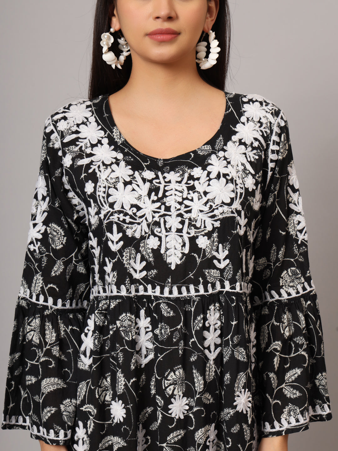 Hand Embroidered Chikankari A-Line Gathering Pattern Mulmul Cotton Jalabiya-AL3673 Black & White