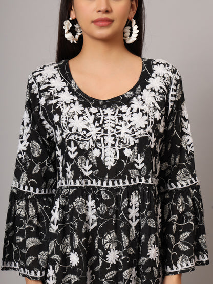 Hand Embroidered Chikankari A-Line Gathering Pattern Mulmul Cotton Jalabiya-AL3673