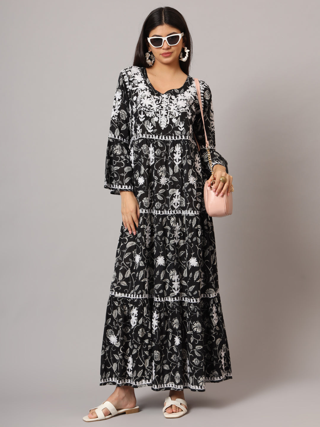Hand Embroidered Chikankari A-Line Gathering Pattern Mulmul Cotton Jalabiya-AL3673