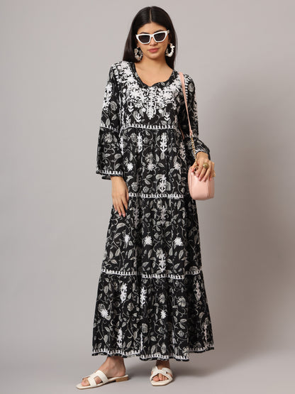 Hand Embroidered Chikankari A-Line Gathering Pattern Mulmul Cotton Jalabiya-AL3673