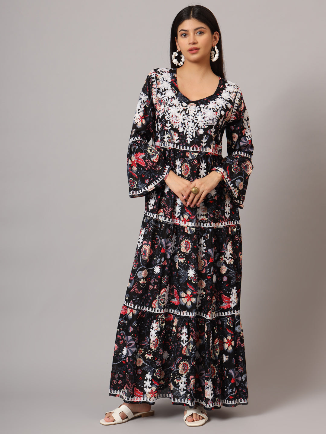 Hand Embroidered Chikankari A-Line Gathering Pattern Mulmul Cotton Jalabiya-AL3673