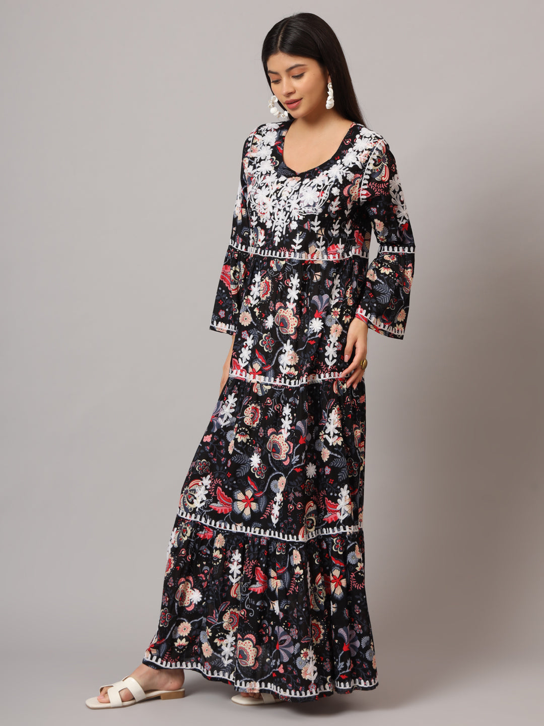 Hand Embroidered Chikankari A-Line Gathering Pattern Mulmul Cotton Jalabiya-AL3673