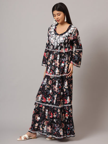 Hand Embroidered Chikankari A-Line Gathering Pattern Mulmul Cotton Jalabiya-AL3673