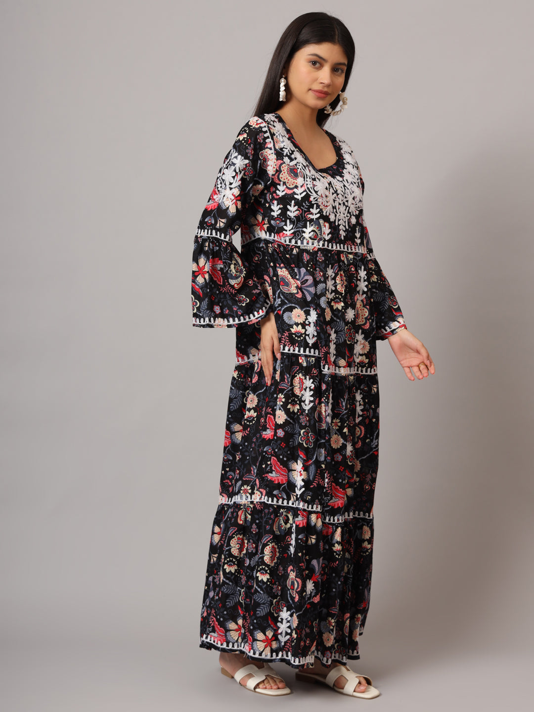 Hand Embroidered Chikankari A-Line Gathering Pattern Mulmul Cotton Jalabiya-AL3673