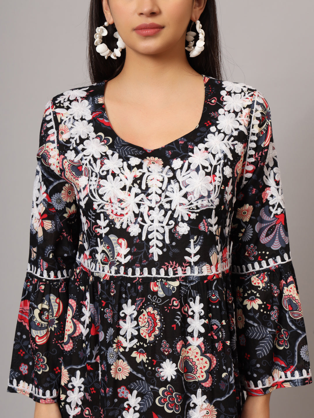 Hand Embroidered Chikankari A-Line Gathering Pattern Mulmul Cotton Jalabiya-AL3673
