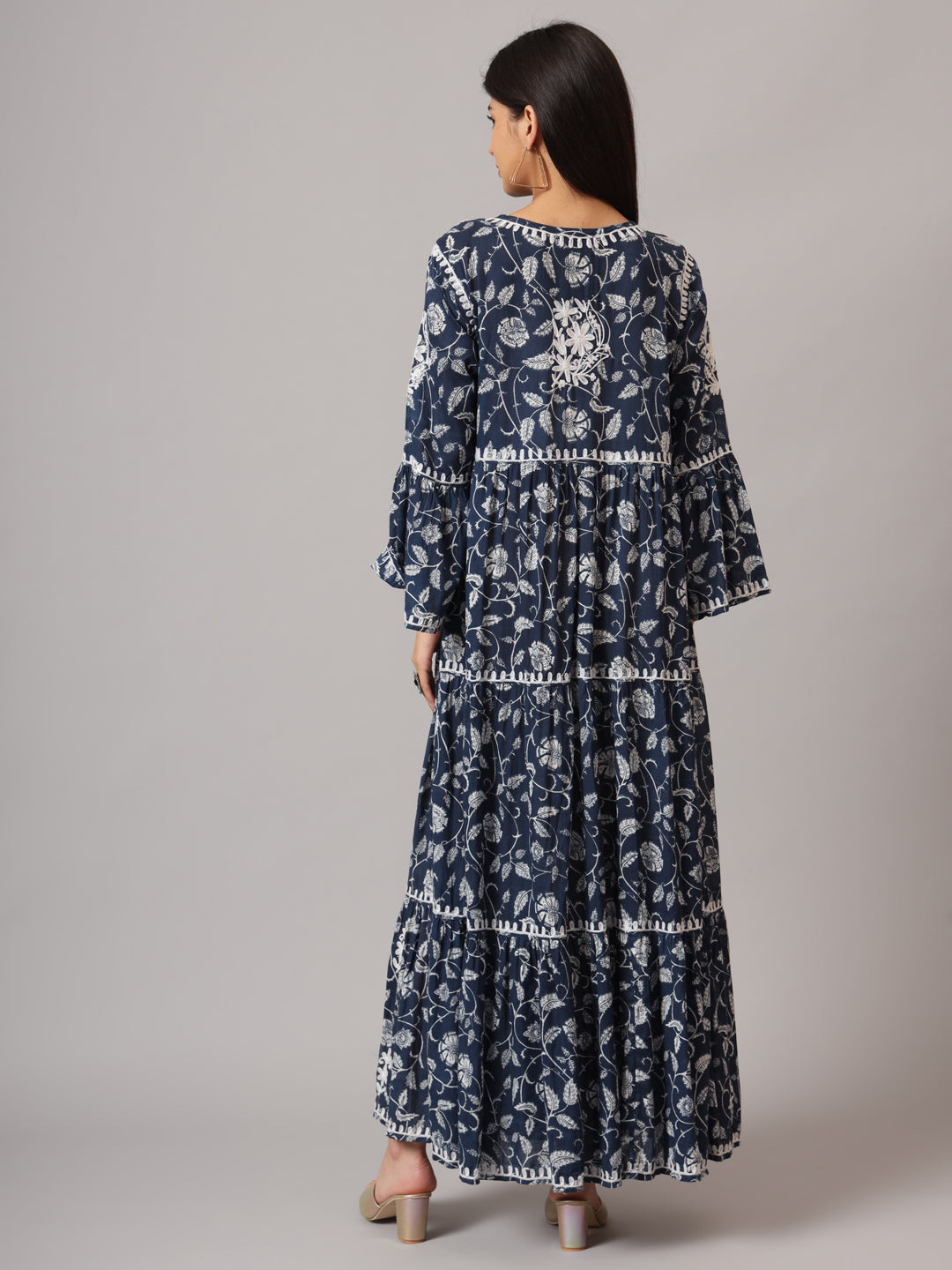 Hand Embroidered Chikankari A-Line Gathering Pattern Mulmul Cotton Jalabiya-AL3673