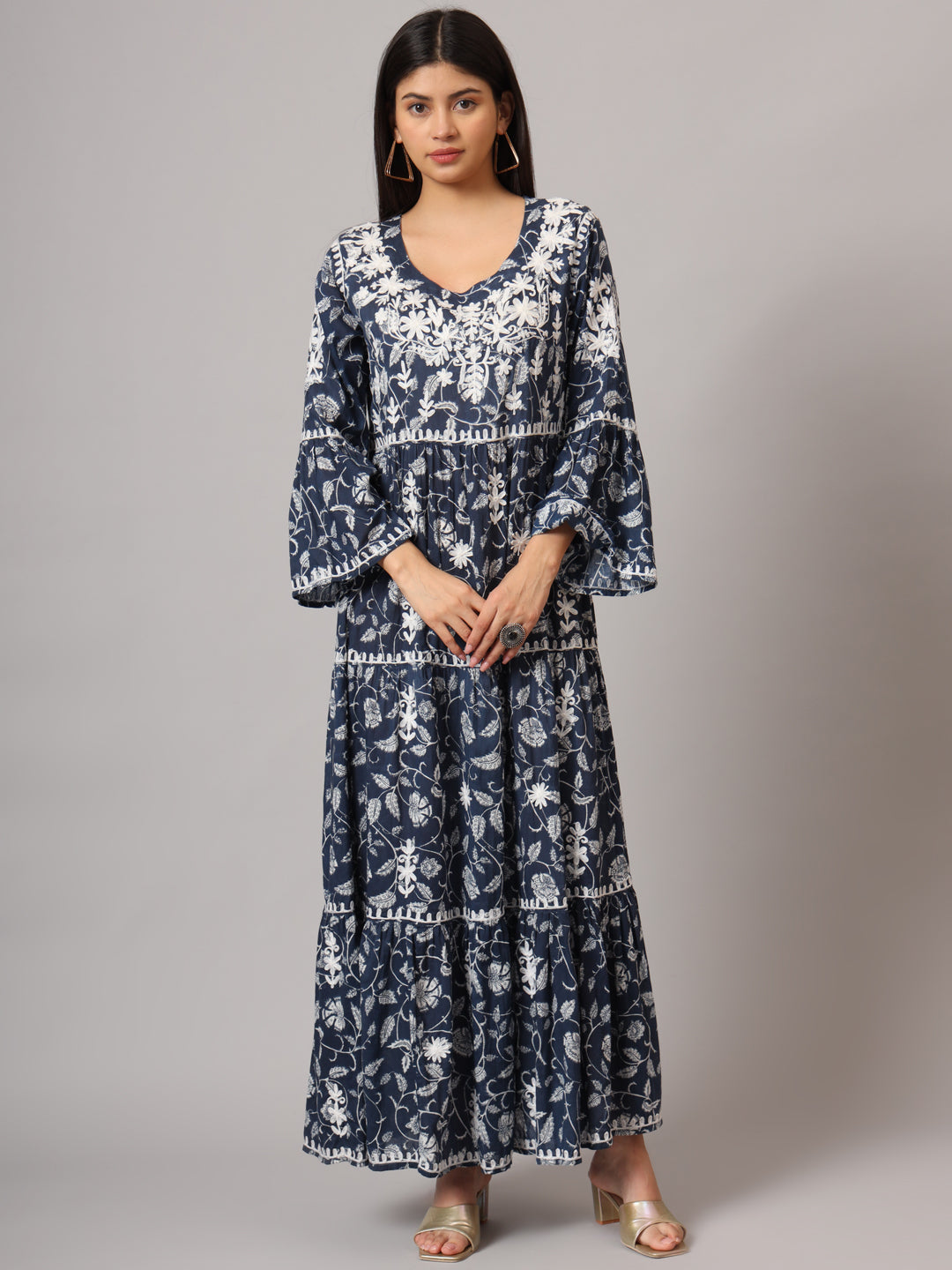 Hand Embroidered Chikankari A-Line Gathering Pattern Mulmul Cotton Jalabiya-AL3673
