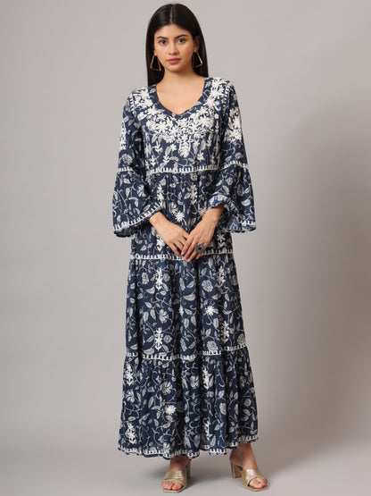 Hand Embroidered Chikankari A-Line Gathering Pattern Mulmul Cotton Jalabiya-AL3673