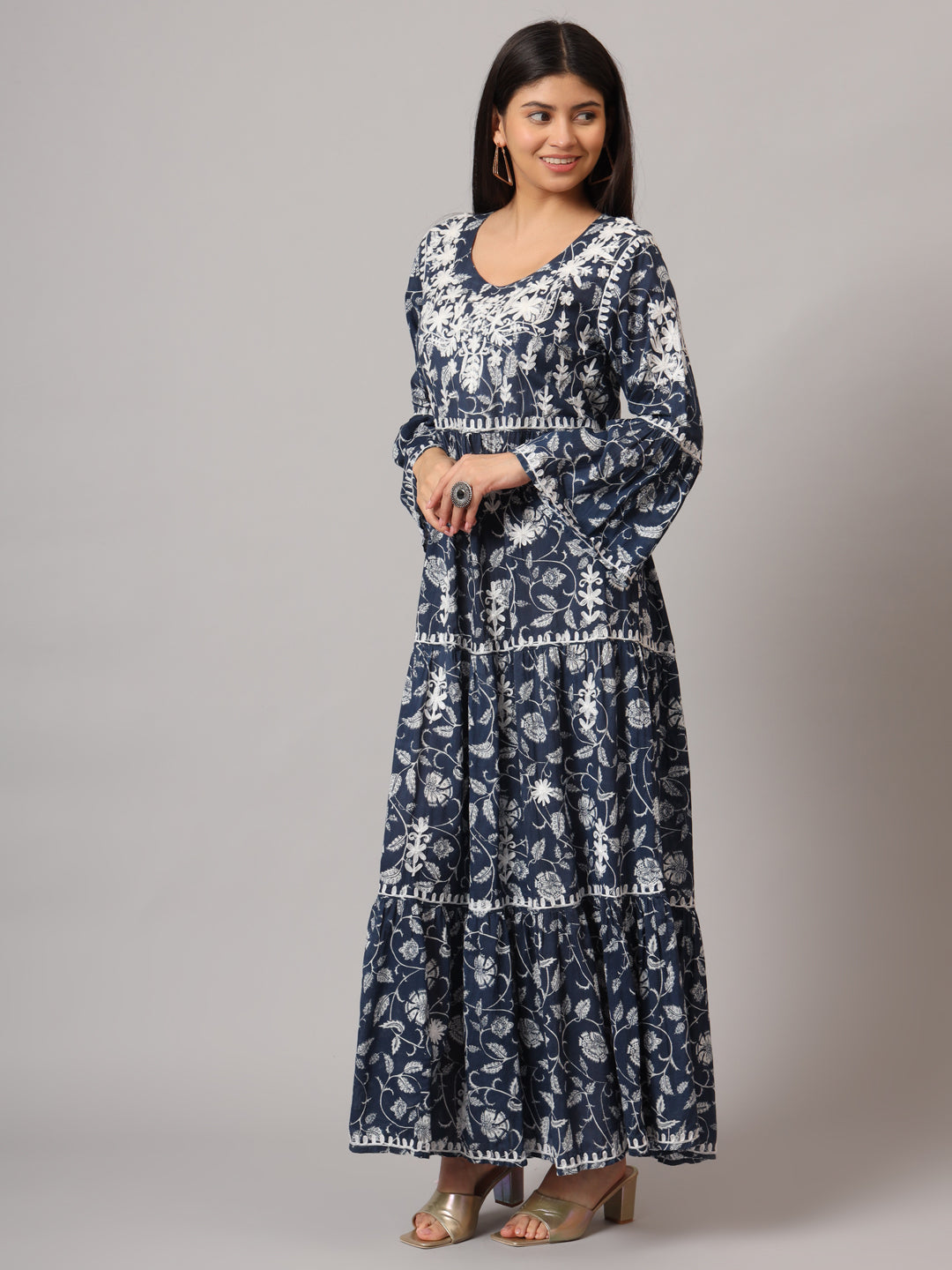Hand Embroidered Chikankari A-Line Gathering Pattern Mulmul Cotton Jalabiya-AL3673