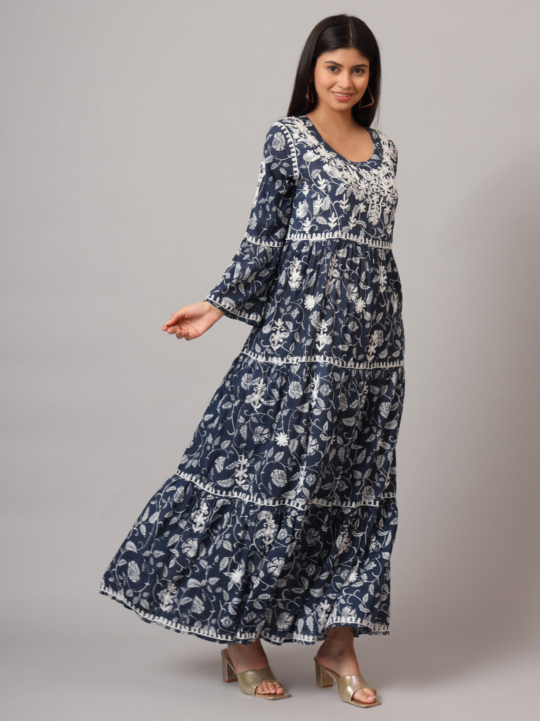 Hand Embroidered Chikankari A-Line Gathering Pattern Mulmul Cotton Jalabiya-AL3673