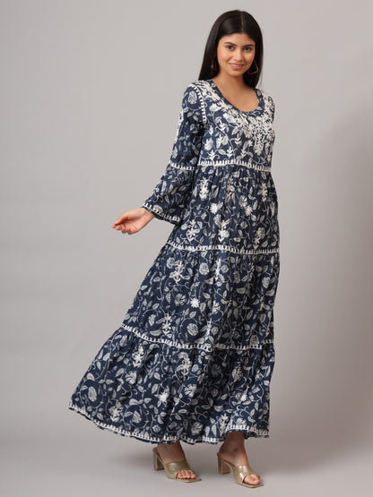 Hand Embroidered Chikankari A-Line Gathering Pattern Mulmul Cotton Jalabiya-AL3673