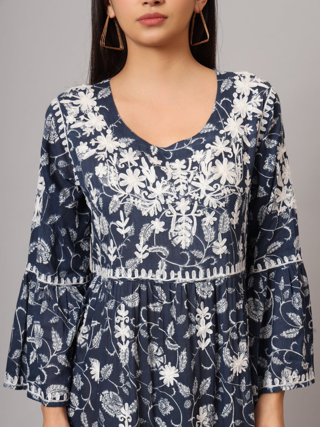 Hand Embroidered Chikankari A-Line Gathering Pattern Mulmul Cotton Jalabiya-AL3673