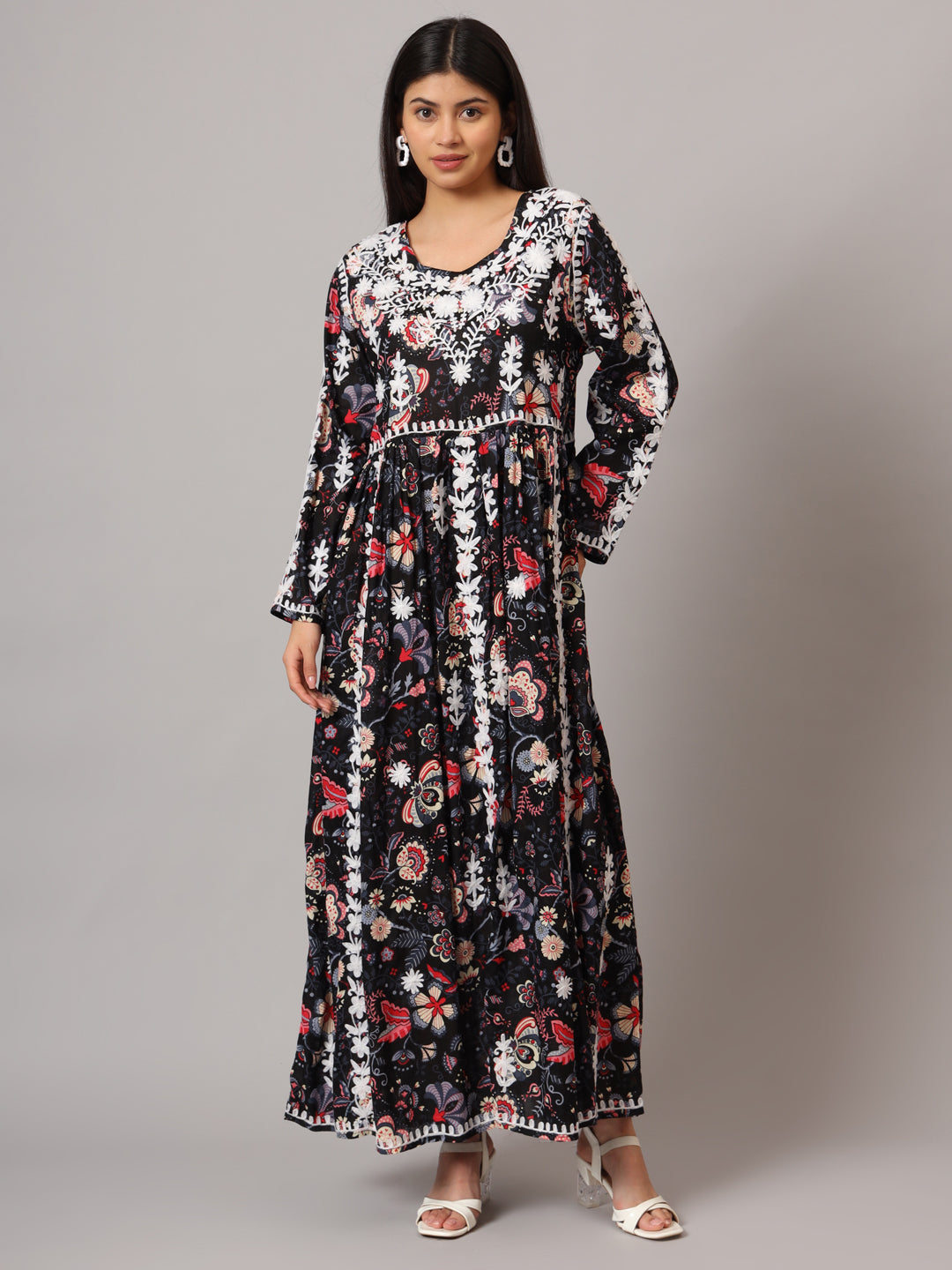 Hand Embroidered Lucknowi Chikankari  Printed Mulmul Cotton Jalabiya-AL3936