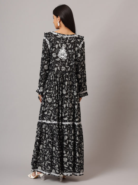 Hand Embroidered Chikankari A-Line Gathering Pattern Mulmul Cotton Jalabiya-AL3941 Black