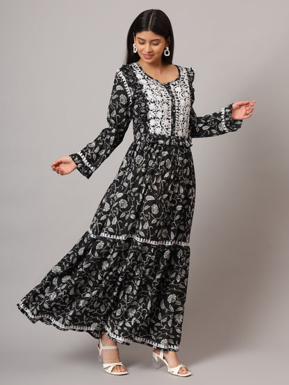 Hand Embroidered Chikankari A-Line Gathering Pattern Mulmul Cotton Jalabiya-AL3941 Black