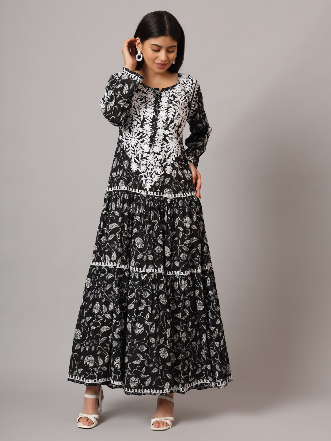 Hand Embroidered Lucknowi Chikankari  Printed Mulmul Cotton Jalabiya-AL3698