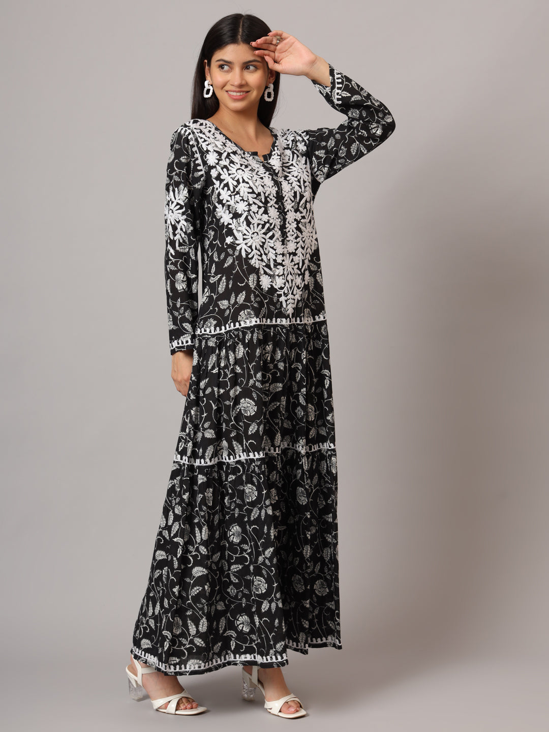 Hand Embroidered Lucknowi Chikankari  Printed Mulmul Cotton Jalabiya-AL3698