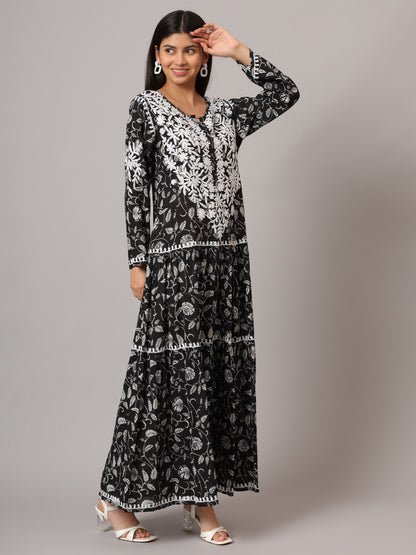 Hand Embroidered Lucknowi Chikankari  Printed Mulmul Cotton Jalabiya-AL3698