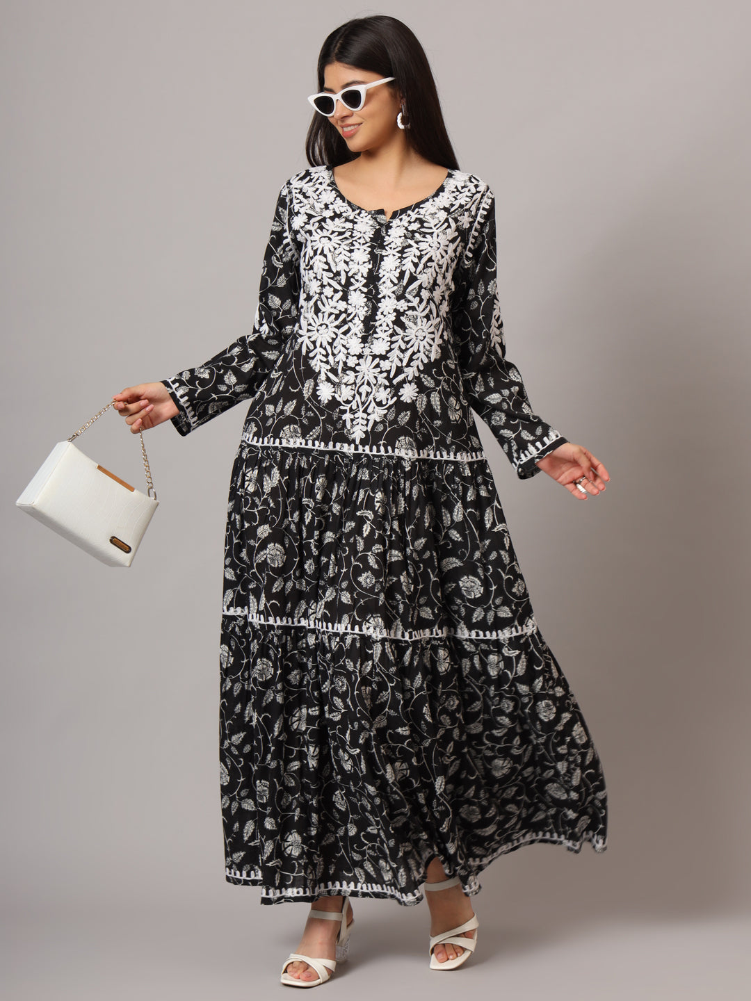 Hand Embroidered Lucknowi Chikankari  Printed Mulmul Cotton Jalabiya-AL3698
