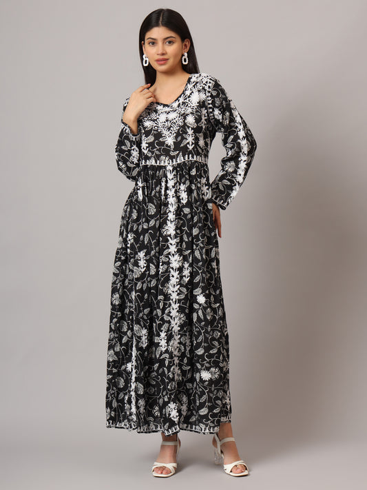 Hand Embroidered Lucknowi Chikankari  Printed Mulmul Cotton Jalabiya-AL3936 Black