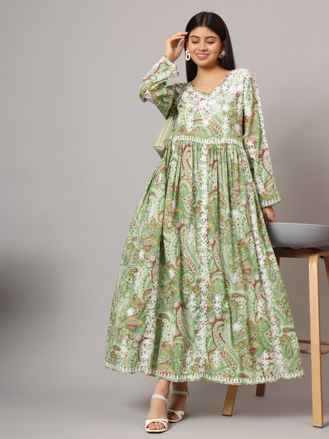 Hand Embroidered Lucknowi Chikankari  Printed Mulmul Cotton Jalabiya-AL3936