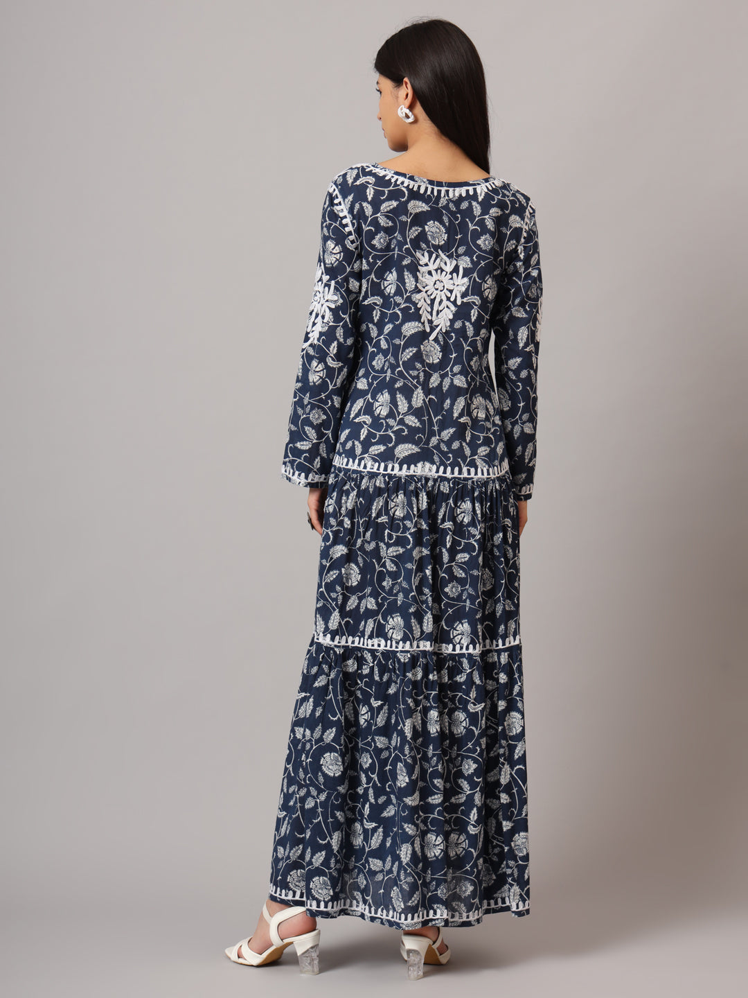 Hand Embroidered Lucknowi Chikankari  Printed Mulmul Cotton Jalabiya-AL3698