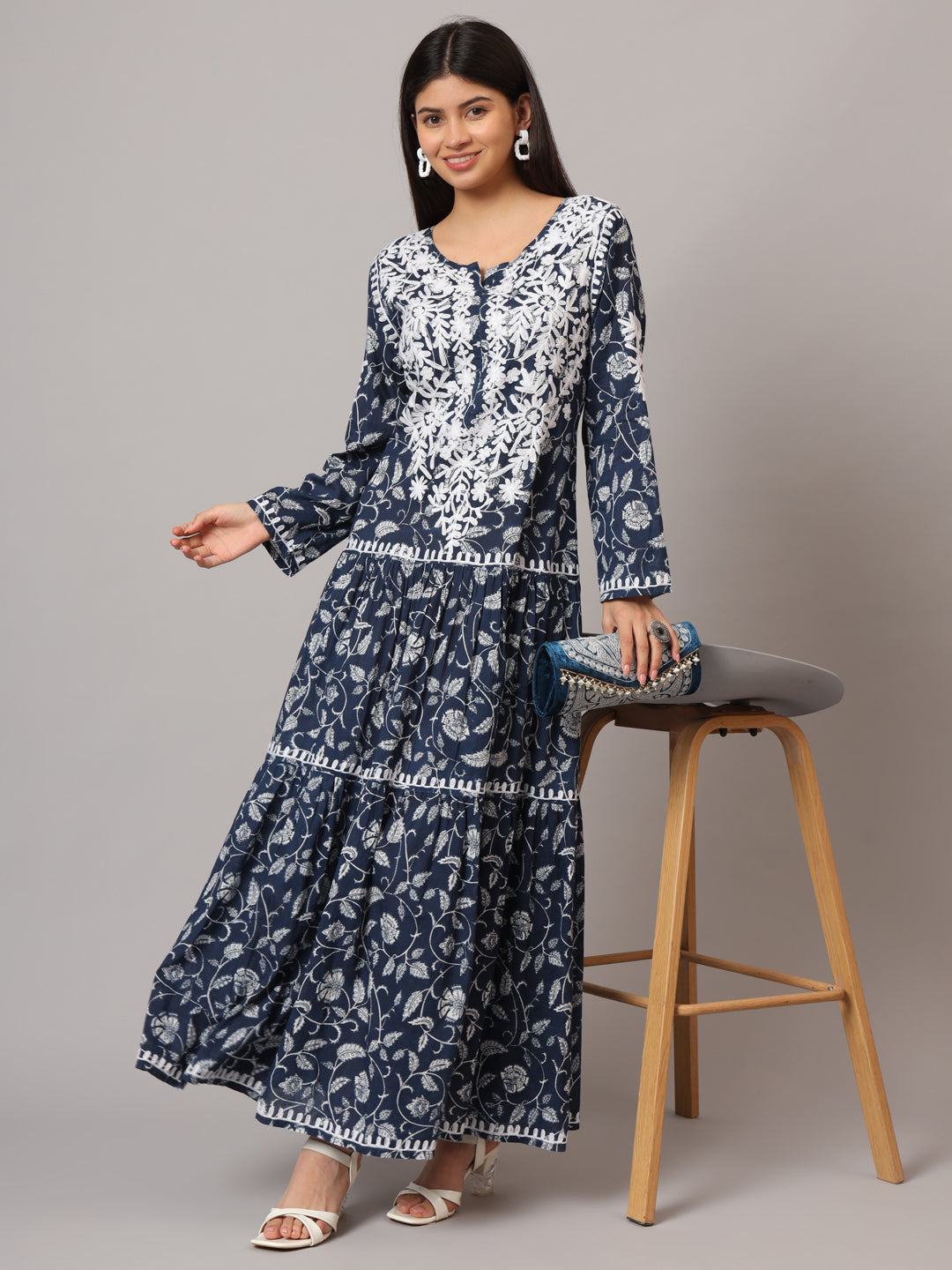 Hand Embroidered Lucknowi Chikankari  Printed Mulmul Cotton Jalabiya-AL3698